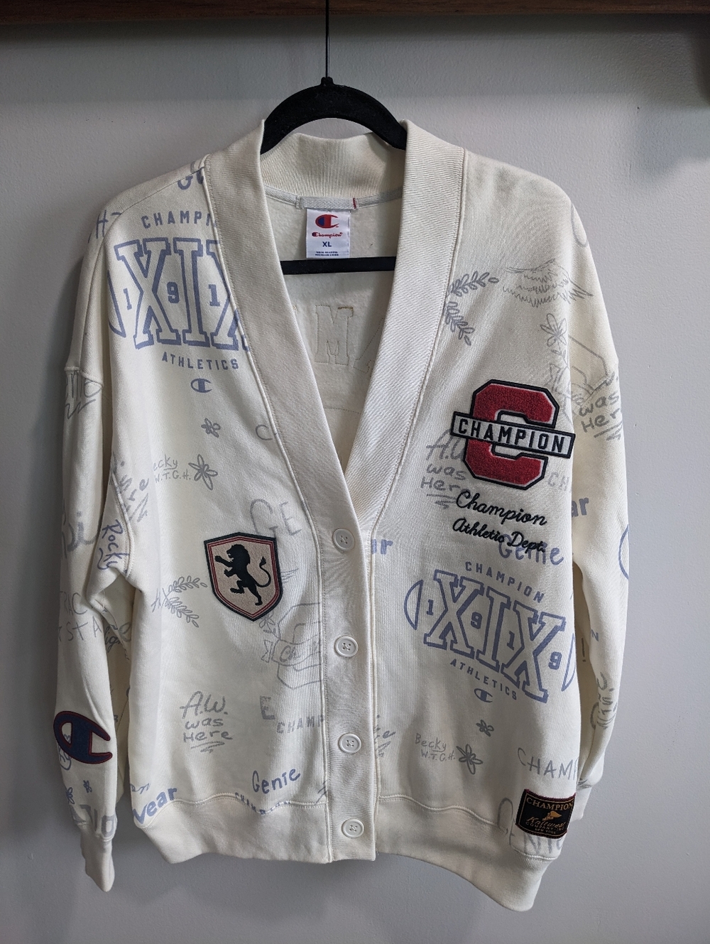 Champion Women's Size XL Cream Editorial Varsity Cardigan with Graphic Patches
